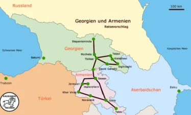 Map Karte Reise Rundreise Georgien und Armenien mit Kaukasus-Reisen in kleinen Gruppen deutschsprachige Reiseleitung Tbilissi Tiflis Kachetien Signaghi Lagodechi David Gareji Stepantsminda Kasbek Kaukasus Mzcheta Jerewan Eriwan Yerevan Sewan See Sewansee Ararat Khor Virap Norawank Tatev Gjumri Gyumri Wardsia Vardzia
