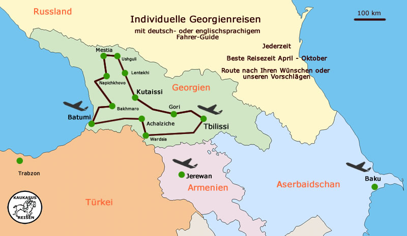 Eine Landkarte Georgiens mit einer Reiseroute für Touren mit Fahrer von Kaukasus-Reisen