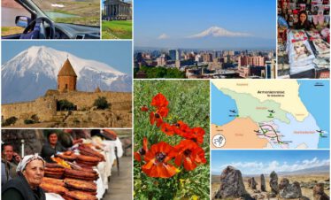 Collage einer Selbstfahrerreise durch Armenien: Blick aus einem 4x4 Mietwagen auf Berglandschaften, der Tempel von Garni, das Kloster Chor Virap vor dem schneebedeckten Berg Ararat, eine armenische Marktszene mit traditionellem Fladenbrot, bunte Mohnblumen, die antiken Steinkreise von Zorats Karer und eine Routenkarte der 14-tägigen Rundreise ab Jerewan.