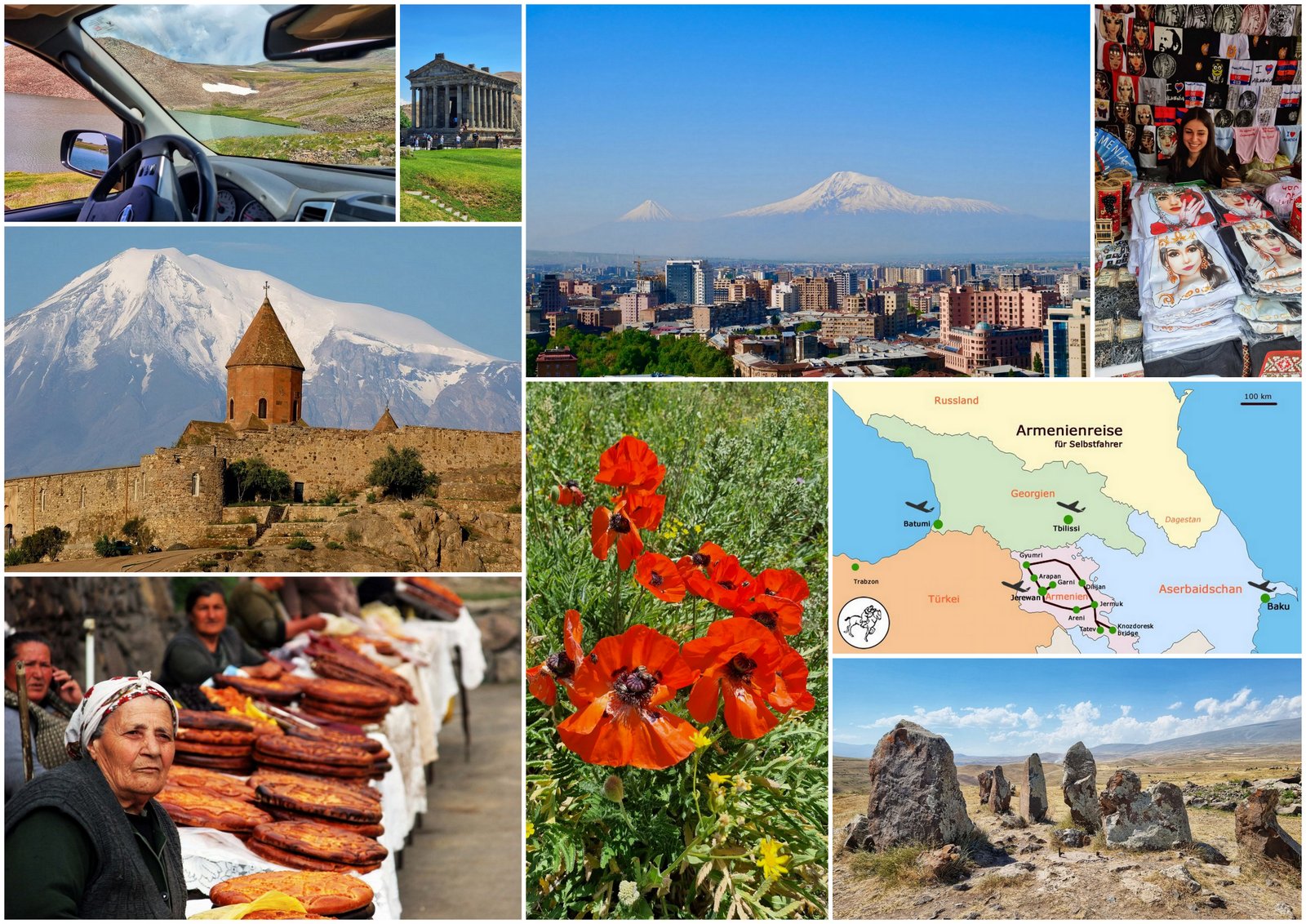 Collage einer Selbstfahrerreise durch Armenien: Blick aus einem 4x4 Mietwagen auf Berglandschaften, der Tempel von Garni, das Kloster Chor Virap vor dem schneebedeckten Berg Ararat, eine armenische Marktszene mit traditionellem Fladenbrot, bunte Mohnblumen, die antiken Steinkreise von Zorats Karer und eine Routenkarte der 14-tägigen Rundreise ab Jerewan.