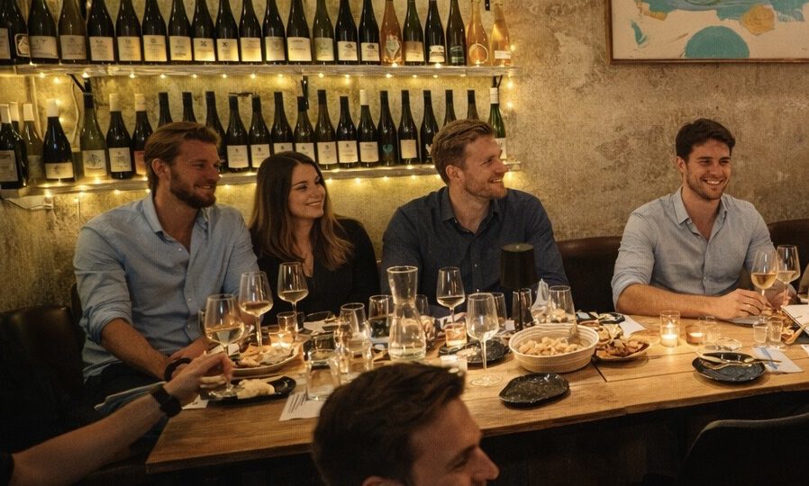 Fröhliche Runde junger Weingenießer im Maison16 Hamburg