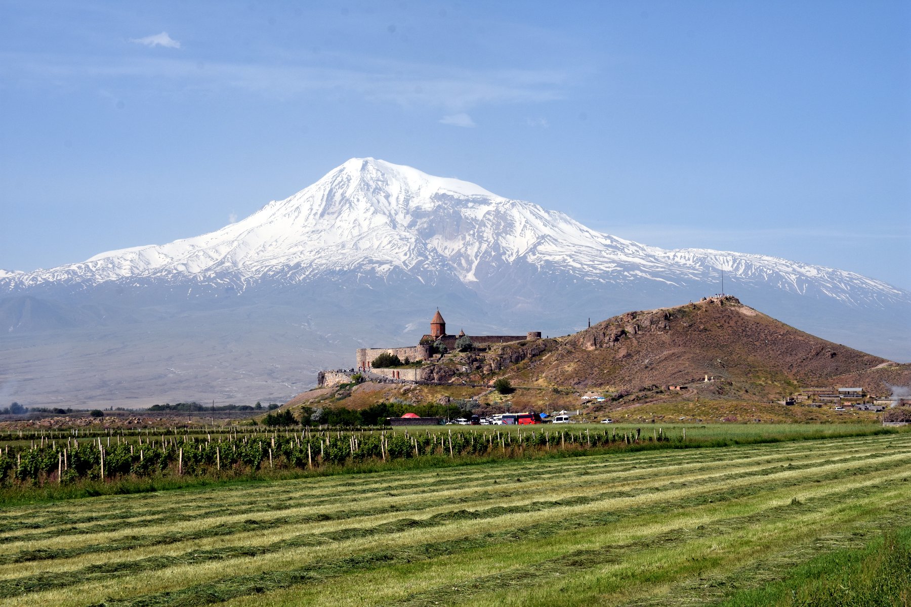 Das armenische Kloster Khor Virap auf einem Felsenhügel mit Weinberg und dem gewaltigen schneebedeckten Ararat im Hintergrund