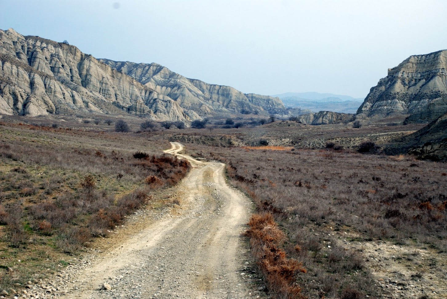 Unbefestigte Piste führt durch die surreale Mondlandschaft aus erodierten Sandsteinfelsen im Nationalpark Vashlovani, Georgien