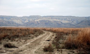 Einsame Piste durch die weite goldbraune Samukhi-Ebene vor dem langen Tafelberg-Panorama des Nationalparks Vashlovani, Georgien