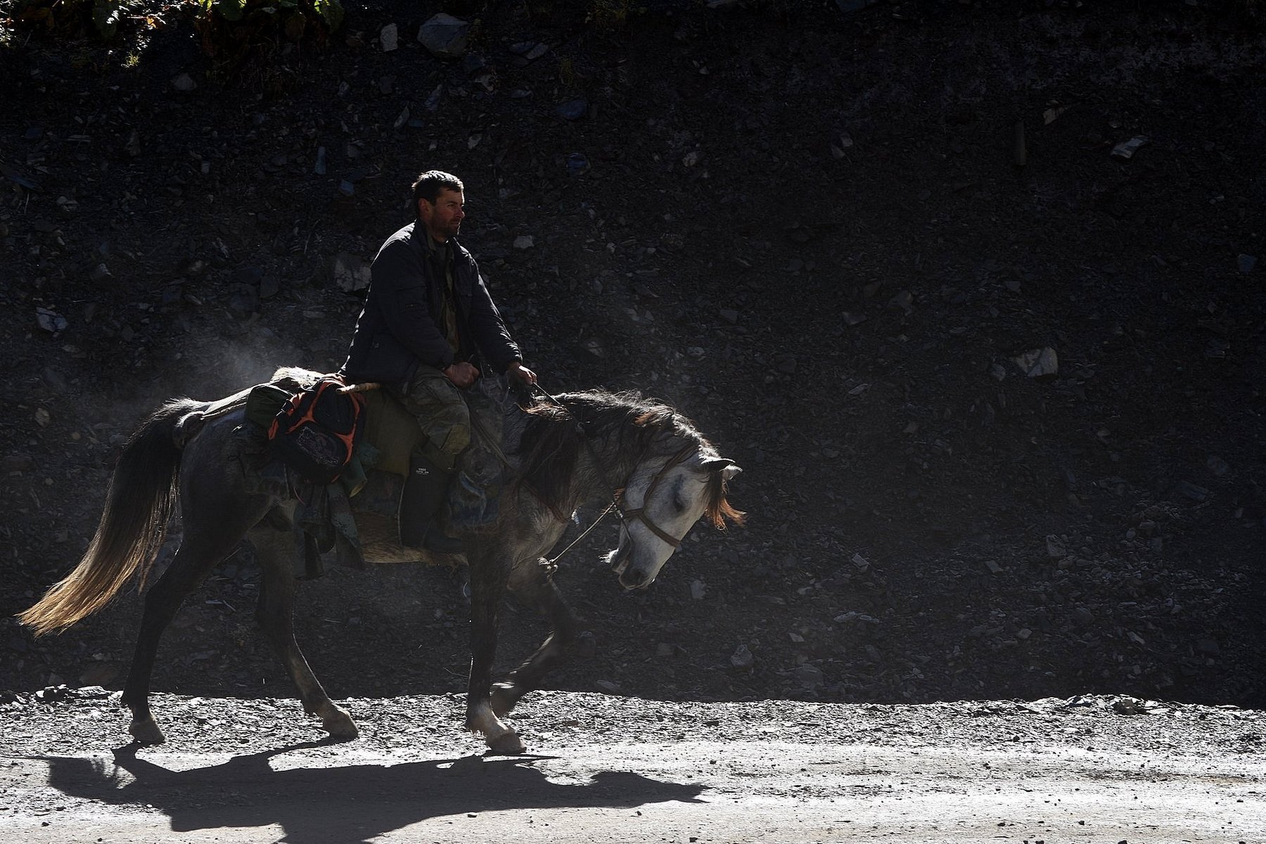 Tuschetischer Hirte zu Pferd im Gegenlicht beim Viehtrieb durch den Großen Kaukasus