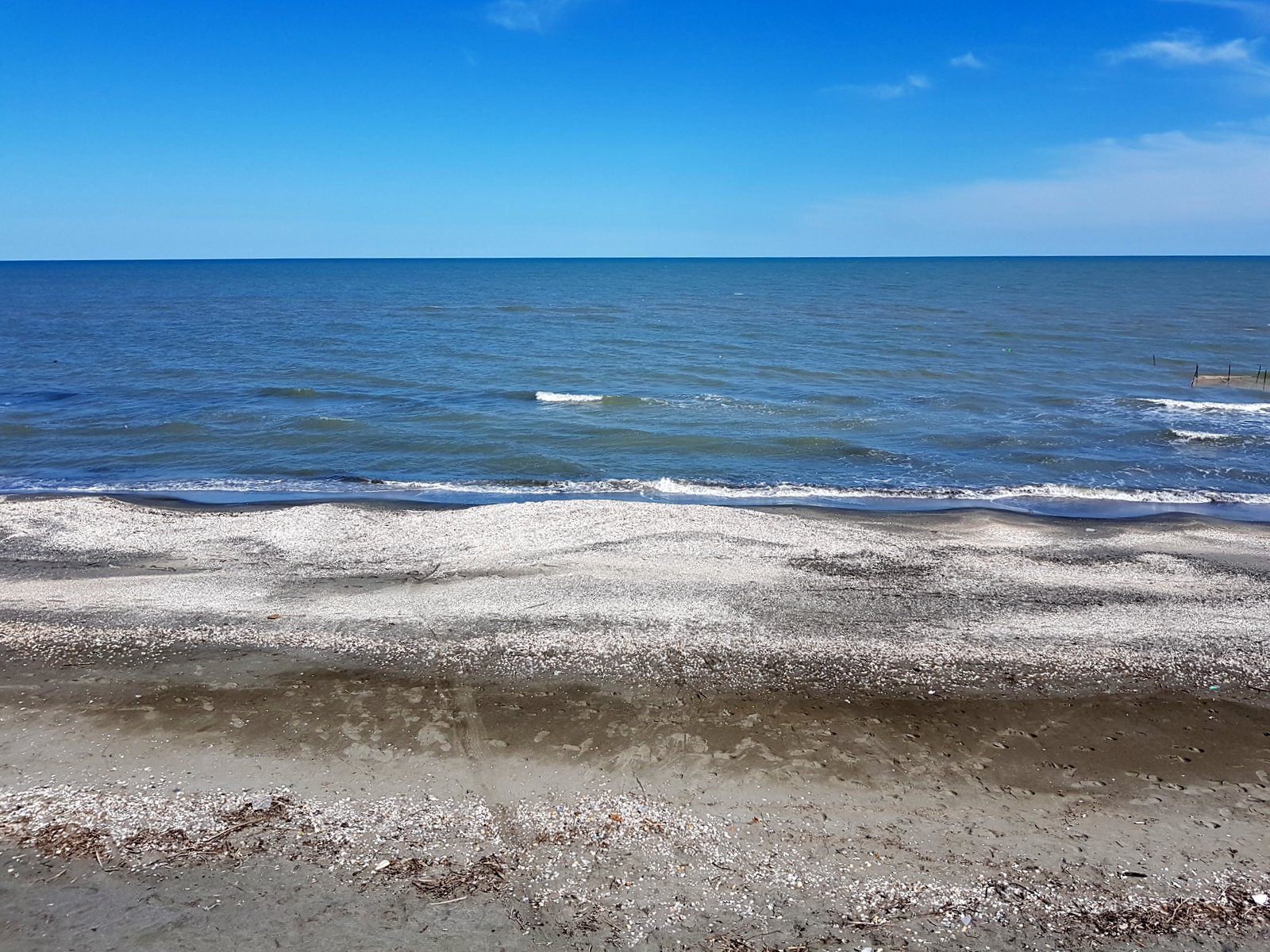 Flacher Kiesstrand am Kaspischen Meer unter blauem Himmel, Aserbaidschan