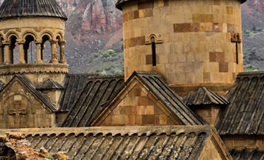 Close view of the domes and stone roofs of Noravank Monastery in Armenia