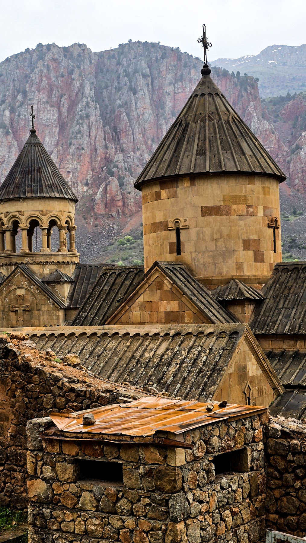 Close view of the domes and stone roofs of Noravank Monastery in Armenia