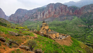 Wide landscape view of Noravank Monastery in the Armenian mountains
