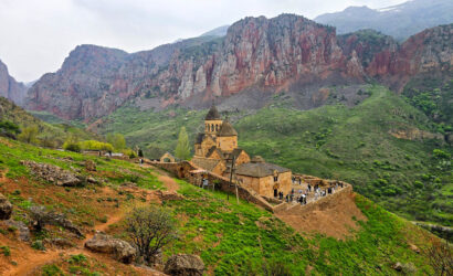 Wide landscape view of Noravank Monastery in the Armenian mountains