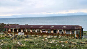 Abandoned old sleeping car beside Lake Sevan in Armenia