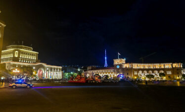 Night view of Republic Square and illuminated buildings in Yerevan