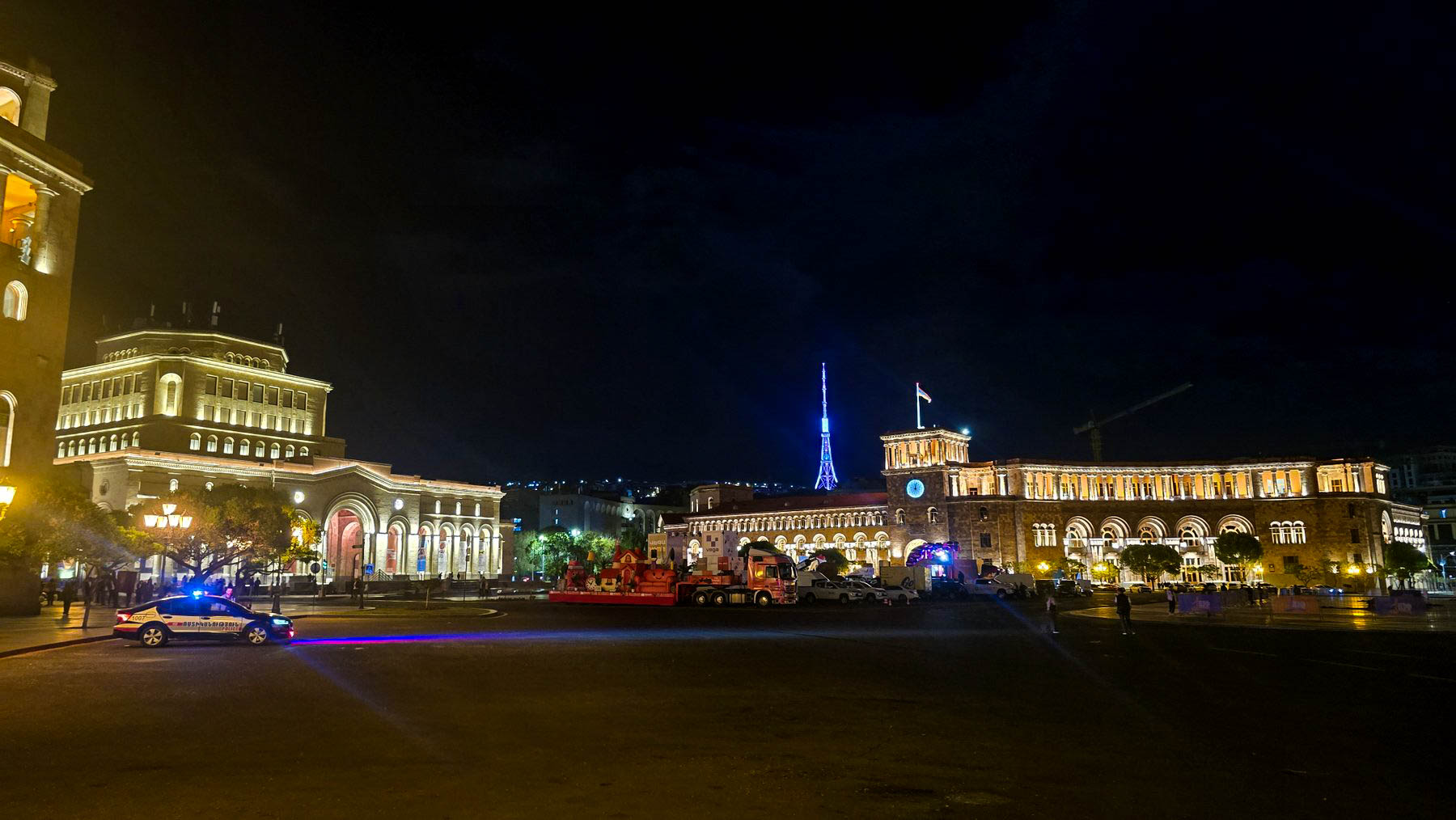 Night view of Republic Square and illuminated buildings in Yerevan